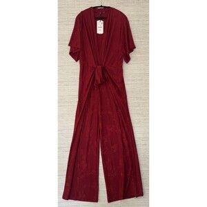 Zara Holiday Short Sleeve Burgundy Tied Belt Jumpsuit Size Large